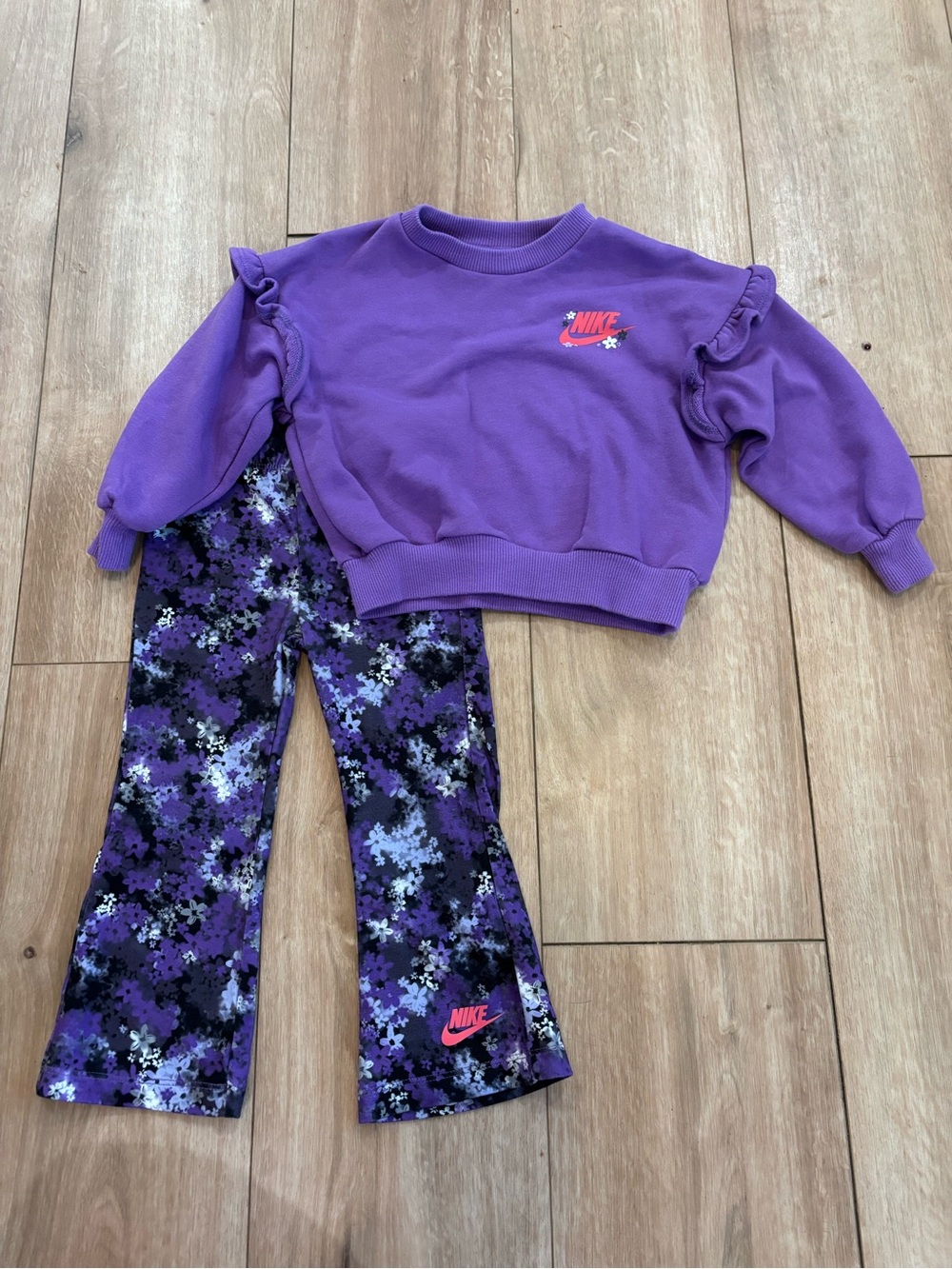Nike Girls Purple Ruffle Sweatshirt with Patterned Purple Leggings
